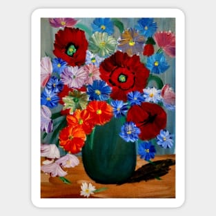 a lovely vibrant bouquet of flowers in a silver vase Sticker